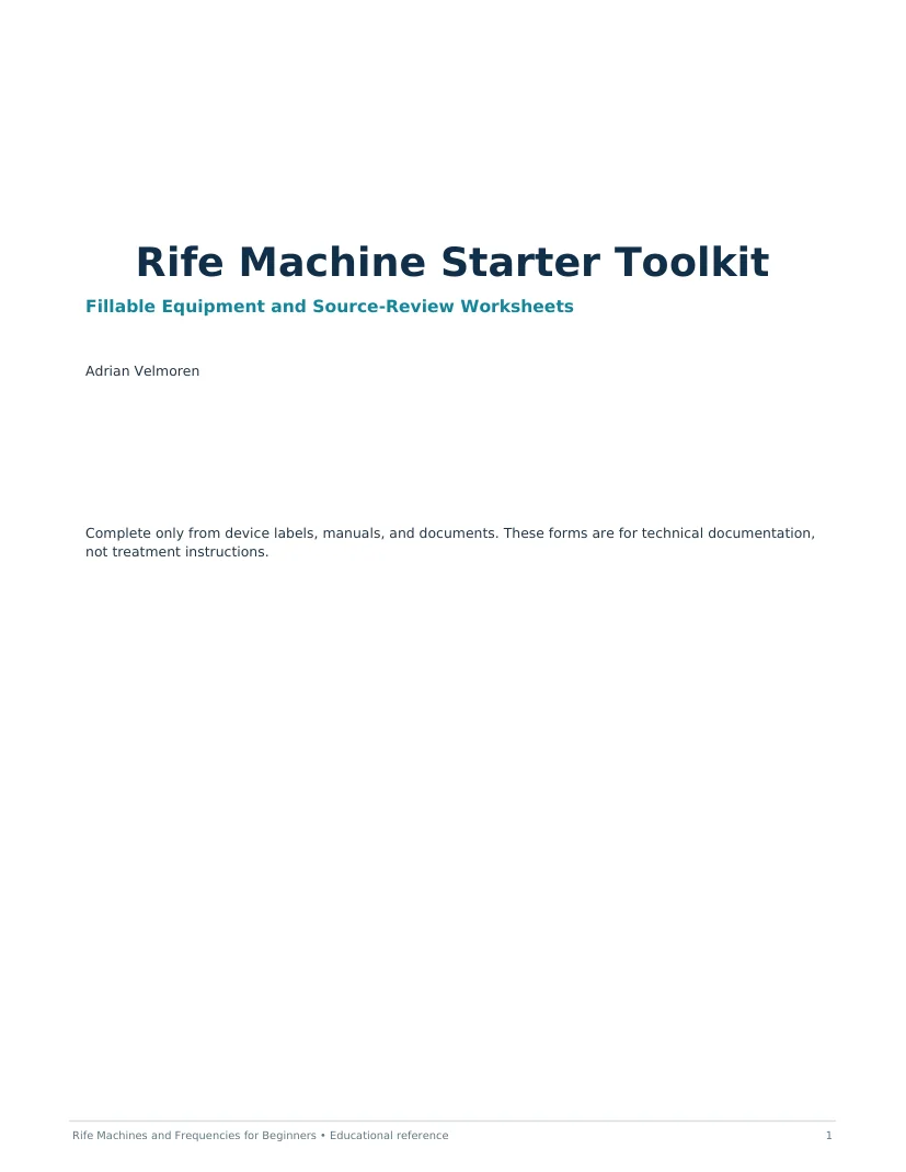First page of Rife Machine Starter Toolkit fillable worksheets